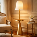 Céleste | Integrated Table Floor Lamp — Brushed Brass & White Linen Shade, 70"