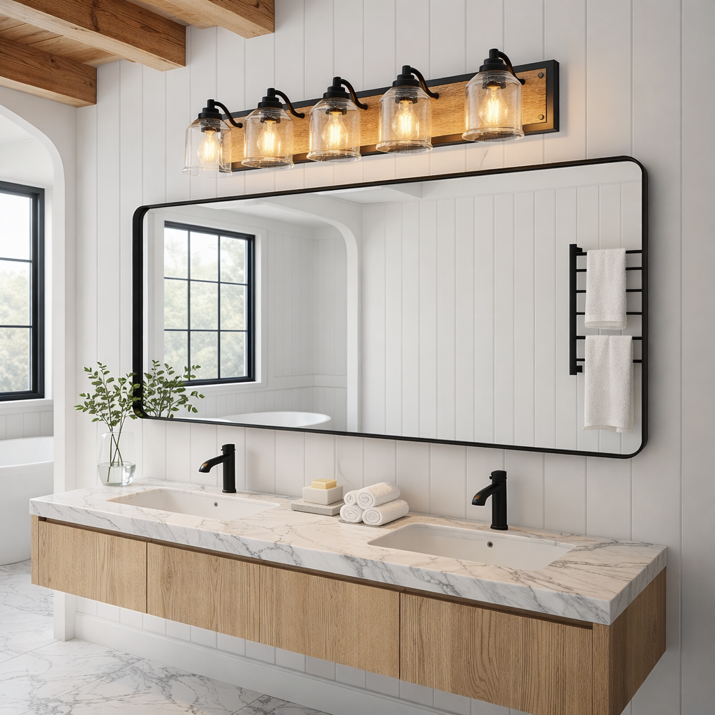 Grange | 5-Light Farmhouse Vanity Light — Black & Wood Grain, Seeded Glass, 40"