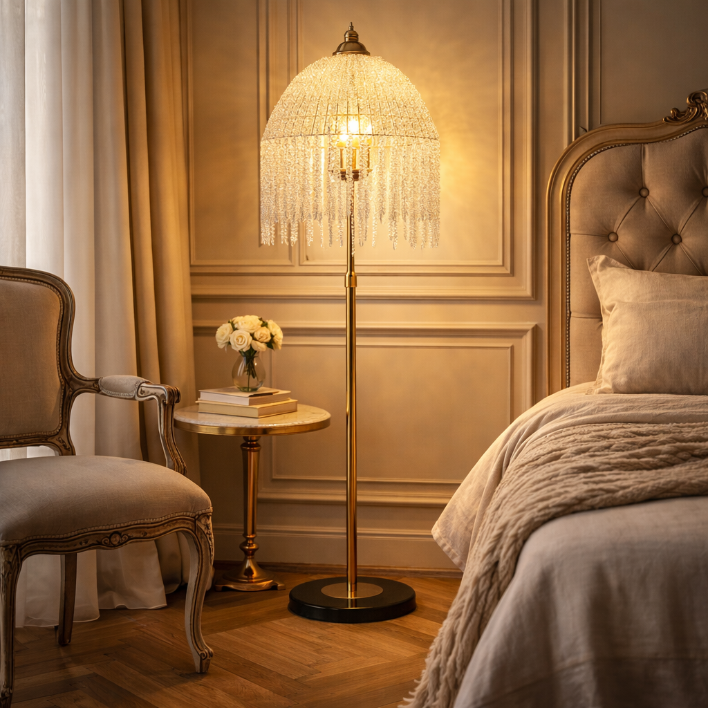 Versailles | 3-Light Crystal Floor Lamp — Gold Frame & Cascading Waterfall Beads, 63"