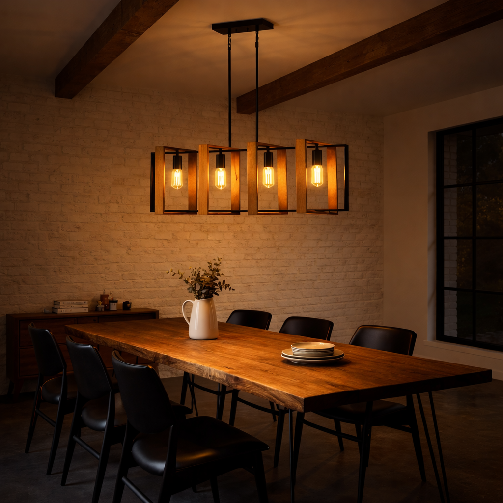 Bûcheron | 4-Light Wood & Metal Linear Chandelier — Rustic Farmhouse